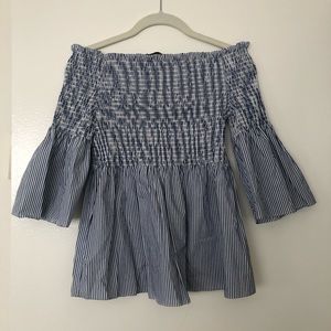 Zara Blue/White Off the Shoulder Top